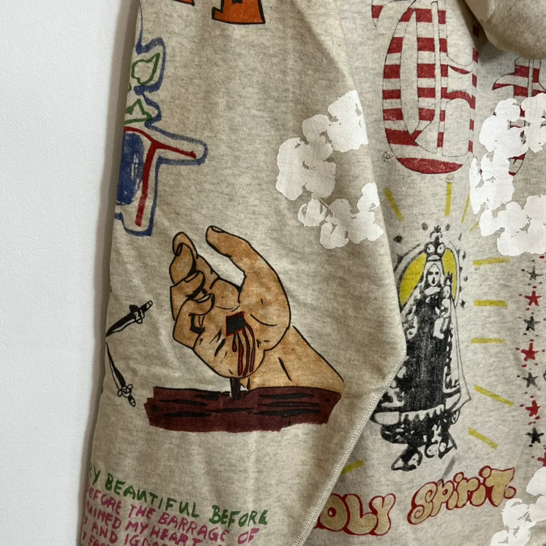 DENIM TEARS × ©SAINT M×××××× "SAINT TEARS" Graffiti Hoodie Joint Model Cotton Graffiti Hoodie Fully Printed Washed Distressed Holes Vintage Sweatshirt Gray S-XL Super Heavy Duty! The whole piece is printed with 35 screens and counterpoint printing!